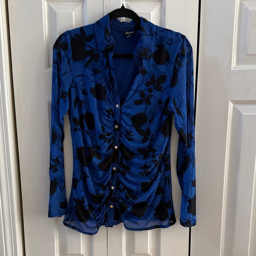 INC International Concepts  medium royal Blue and Black Floral Blouse